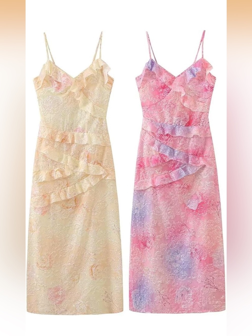 Ruffled Slip Maxi Dress in Pastel Pink & Cream